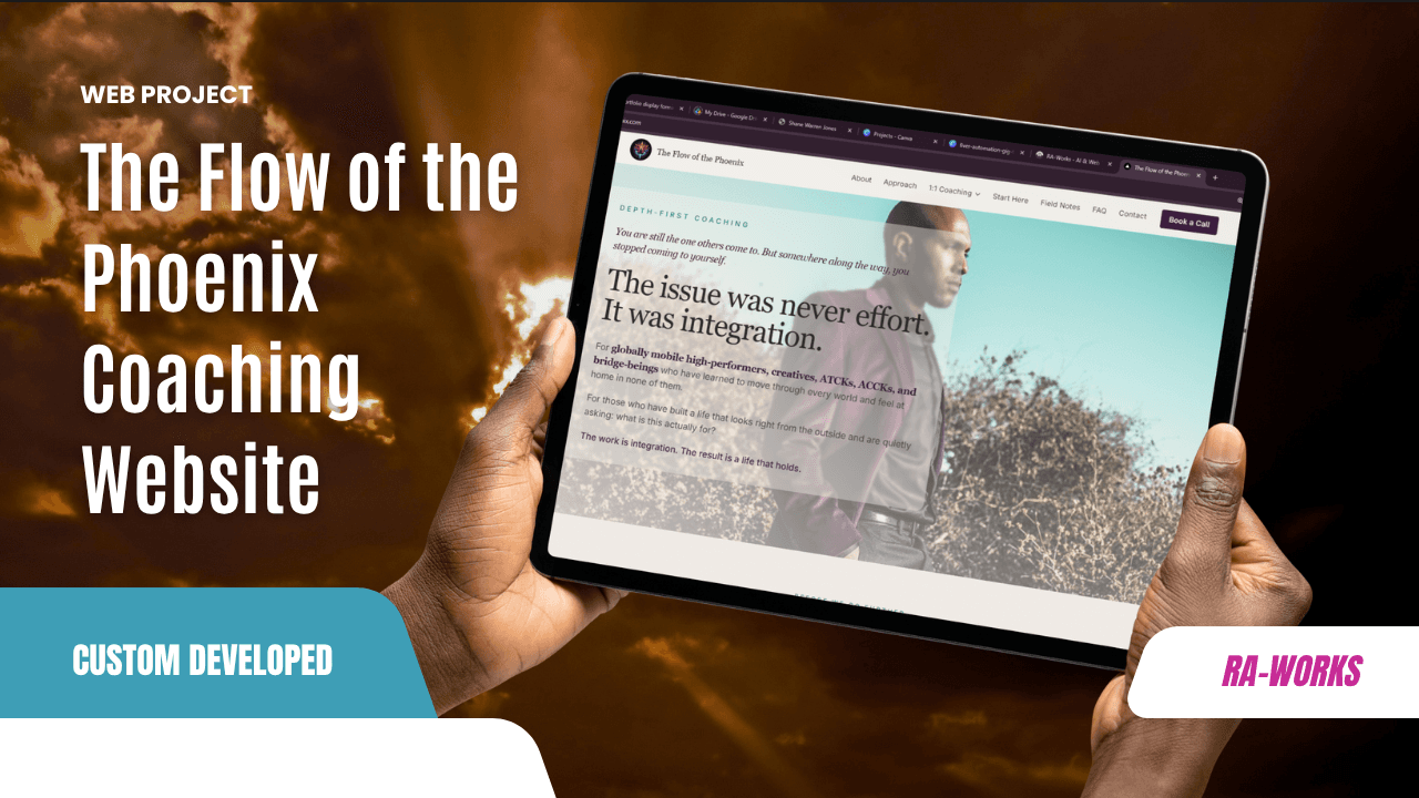 Flow of the Phoenix coaching website mockup showing editorial design across devices
